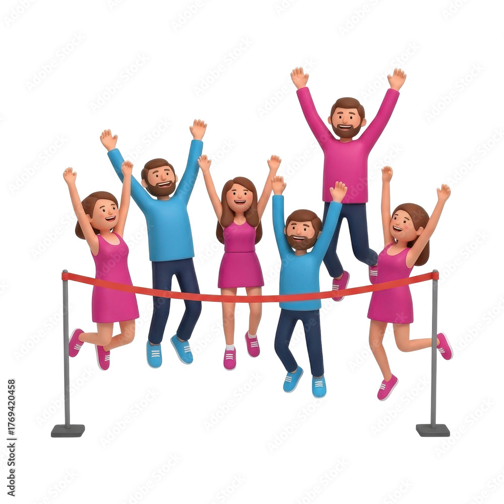 Fototapeta premium Group of people celebrating a victory, jumping with arms raised near a finish line.