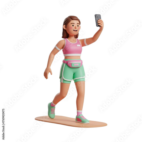 3D rendering of a woman taking a selfie while standing on a yoga mat, wearing athletic clothing and a fanny pack.