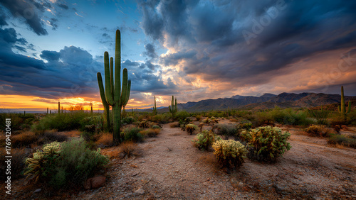  Scenic Arizona desert landscape with Saguaro cactus and dramatic clouds at sunset.