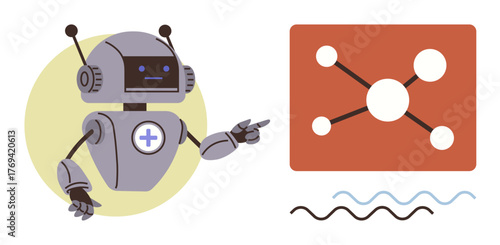 Humanoid robot pointing at a network diagram with connected dots and wavy lines. Ideal for technology, AI, networking, robotics, education, innovation, digital design. Simple flat metaphor