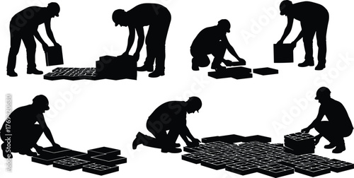 Silhouette vector illustration of worker arranging square tiles on ground with tools, alignment, flooring process, construction, safety, repair, and industry