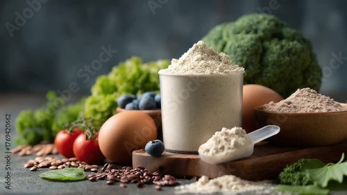 Protein Powder with Healthy Diet: A vibrant collection of ingredients, including protein powder and wholesome foods. It is a visual celebration of a balanced meal plan and nutritional choices. 