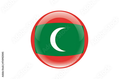 A glossy, circular icon displaying the flag of Maldives, featuring green, red, and a white crescent moon.