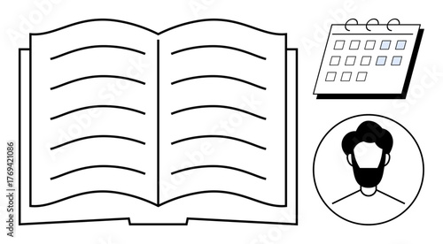 Open book with lined pages, a calendar with dates, and a male user profile icon. Ideal for education, study planning, scheduling, reading, organization time management user profile. Simple flat