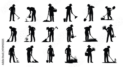 Silhouette collection of gardener at work, vector illustration of gardening