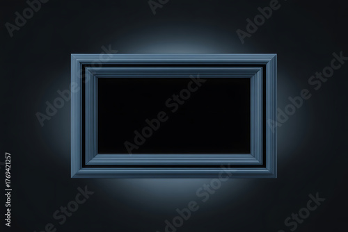 An empty, ornate, dark blue frame glows softly against a dark, shadowy background.