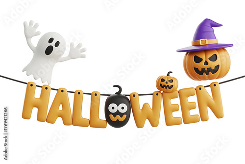 Festive Halloween decorations including a ghost, pumpkin, and a banner with spooky lettering.