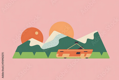 Stylized mountain landscape with ski lifts and vibrant orange suns, evoking adventure and scenic beauty.