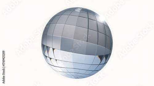 Reflective sphere with geometric facets, radiating light, creating a futuristic and polished appearance.