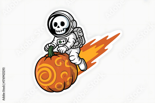 Skeleton astronaut rides a pumpkin through space, with a fiery trail behind.
