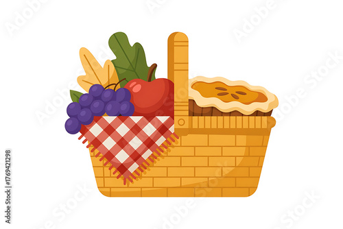 Wicker basket overflows with fresh fruit, pie, and a checkered cloth, evoking a delightful picnic.