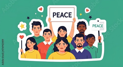 Diverse Group Advocating for Peace and Unity in a Colorful Illustration.