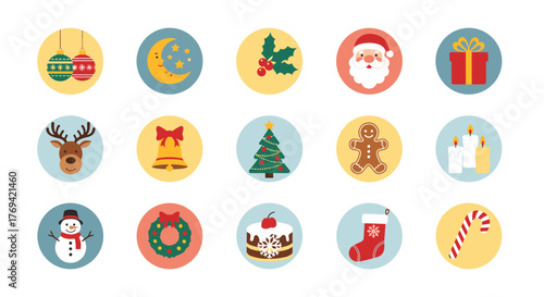 A collection of cute, colorful Christmas and winter holiday icons featuring popular festive symbols and sweet treats.