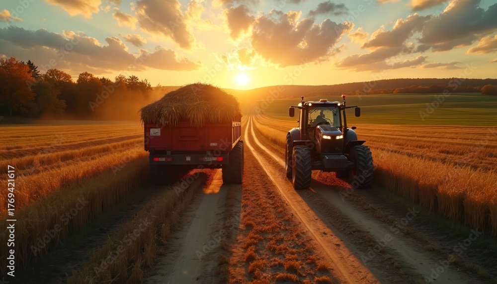 Fototapeta premium Sunset above field with tractor and haystack. Farming machinery transports crops in golden light. Agribusiness vehicle works in countryside after harvesting on farmland landscape at autumn season.