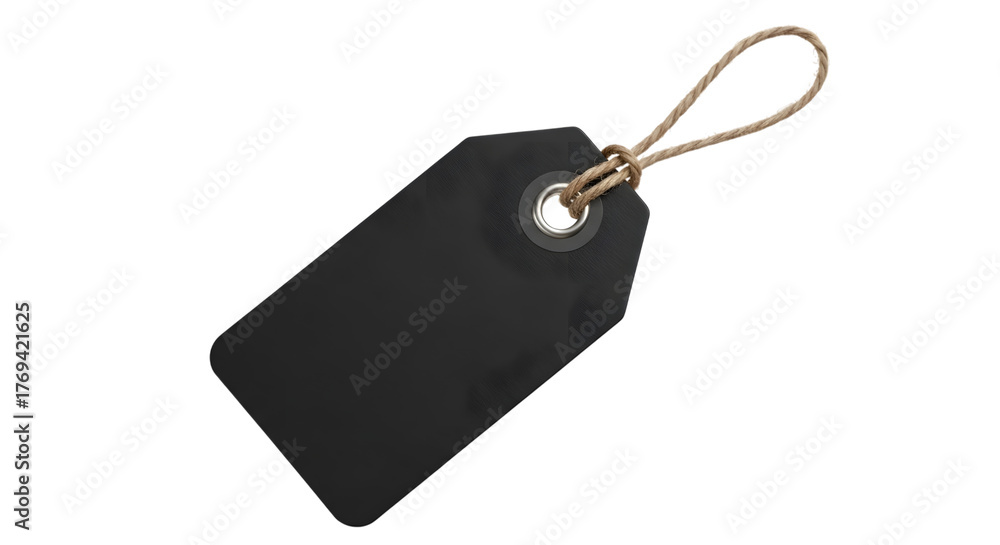 Fototapeta premium A blank black tag with a string loop, isolated on a transparent background