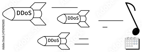 Three labeled DDoS missiles streaking toward a musical note and calendar, symbolizing cyberattack on networks, disruptions. Ideal for technology, security, caution, network defense, digital risk