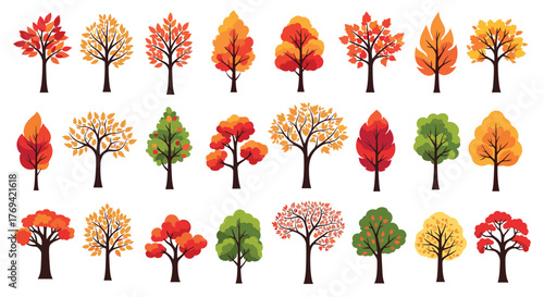 A diverse collection of stylized autumn trees in vibrant fall colors, illustrating various shapes and leaf types across different seasons.