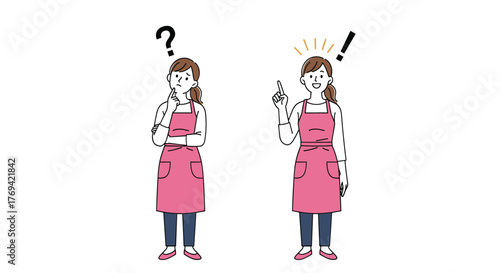A thoughtful woman in an apron is pondering a problem, then joyfully gets an idea or solution, illustrating problem-solving and inspiration.