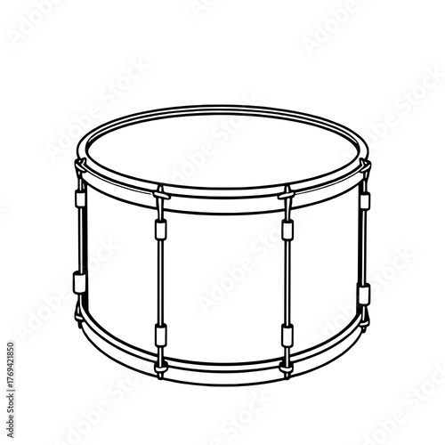 Minimalist Outline Drum Icon: A clean, black-lined illustration of a snare or tom-tom drum, featuring visible tension rods, presented centrally on a pure white background.