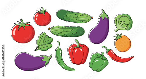 A vibrant and colorful collection of various fresh cartoon vegetables like tomatoes, cucumbers, eggplants, and peppers, on white.