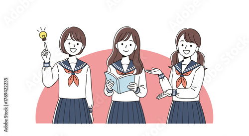 Three smiling high school girls in sailor uniforms demonstrate various activities like having an idea, reading a book, and explaining something.