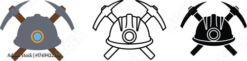 Mining helmet and pickaxes vector illustration set design