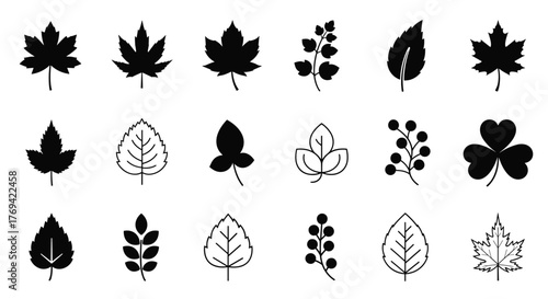Set of black and white vector icons featuring various stylized leaves and plant elements, perfect for nature and design themes.