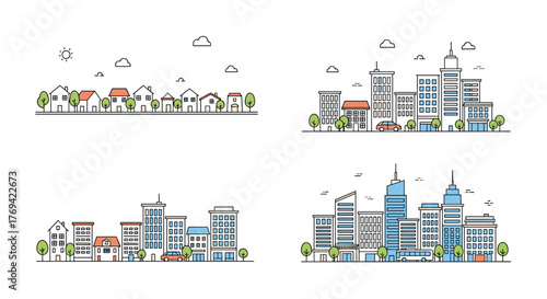 Outline illustration set depicting diverse urban and suburban environments, ranging from cozy residential houses to modern city skylines.