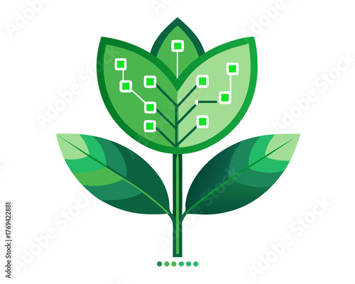 Innovative Green Technology Vector Icon of a Plant with Circuit Board Veins, Symbolizing Bio-Engineering, Eco-Friendly Data, and Sustainable Science
