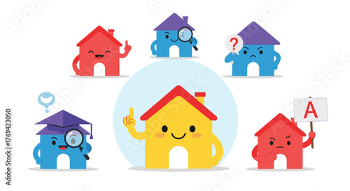 Illustrative cartoon houses depicting various emotions, questions, ideas, and challenges related to property decisions and learning.