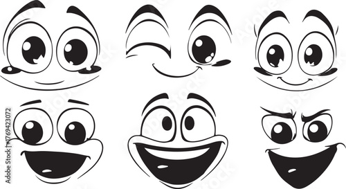 Funny cartoon vector face icon set design with smiling eyes and mouth expressions