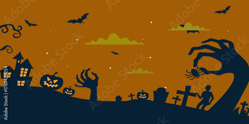 Halloween orange background with castle graves and pumpkin.Celebration card.Celebration background.