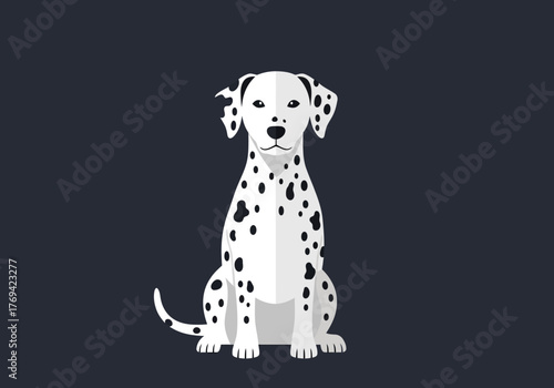A full body illustration of a Dalmatian dog sitting attentively against a dark background.