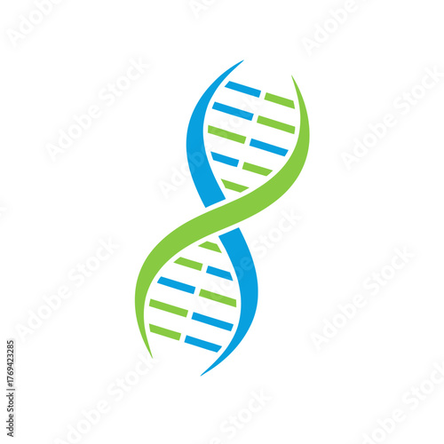 Stylized DNA double helix in blue and green symbolizing genetics, molecular biology, and scientific innovation in modern minimalist design
