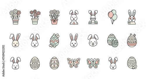 A charming collection of pastel Easter icons featuring bunnies, decorated eggs, potted flowers, and cute butterflies for holiday designs.