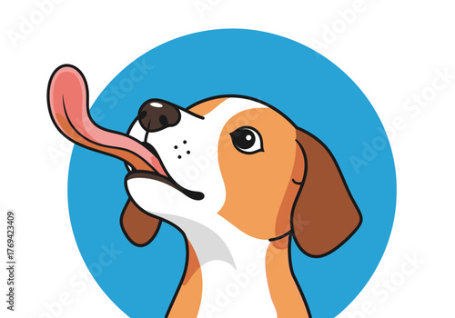 A cute cartoon dog with its tongue sticking out, looking up expectantly against a bright blue circle background.