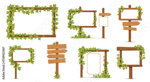 Set of rustic wooden signs and frames, including directional arrows and blank boards, all decorated with lush green ivy against a white background.