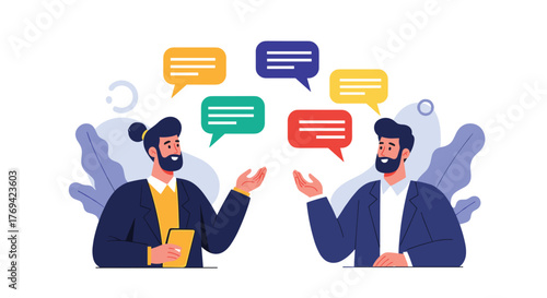Two bearded businessmen engage in a dynamic and collaborative discussion, exchanging ideas and fostering effective communication with colorful speech bubbles.