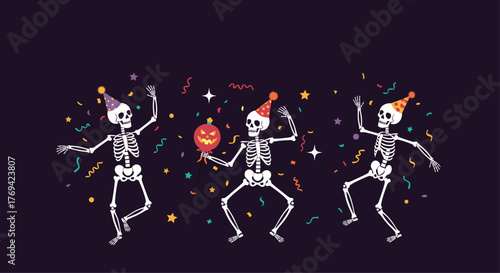 Three cheerful cartoon skeletons in party hats joyfully dance amidst colorful confetti and stars, celebrating a spooky Halloween party.