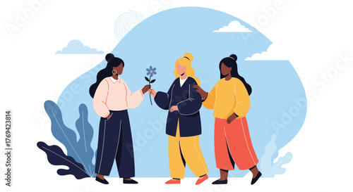 Three diverse women sharing a moment of connection and support, with one offering a flower and another offering comfort.