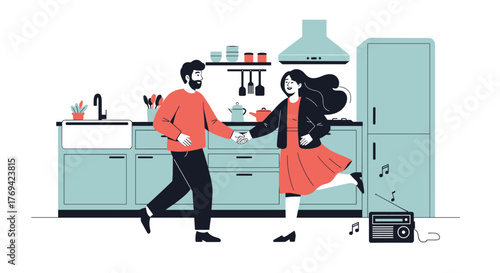 A happy couple dances joyfully in their kitchen, holding hands and listening to music from a radio, symbolizing domestic bliss and shared fun.
