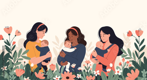 Diverse mothers lovingly hold their babies amidst a vibrant garden, celebrating motherhood and early childhood.