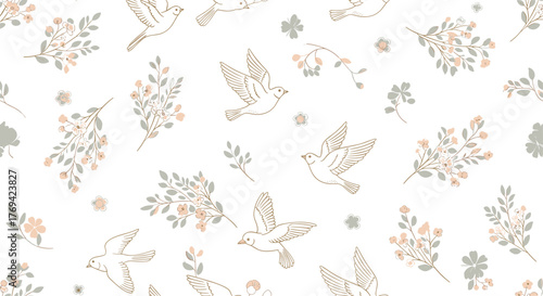 Elegant seamless pattern featuring graceful flying birds and botanical illustrations of delicate blooming branches on a clean white background.