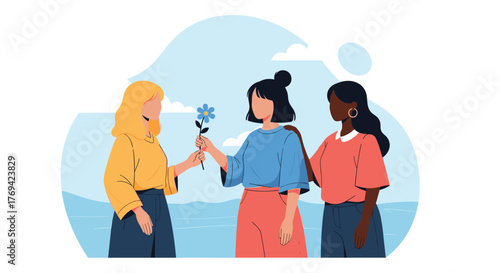 Three diverse women sharing a moment of friendship and kindness, with one giving a flower to another while the third offers support.