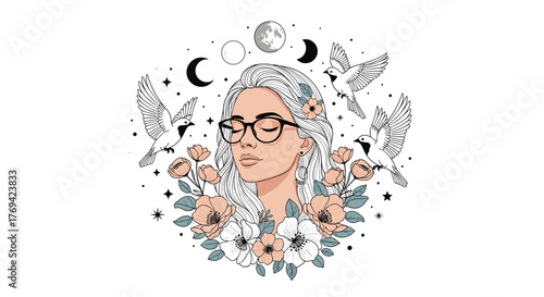 Dreamy illustration of a serene woman in glasses with closed eyes, framed by blooming flowers, flying birds, and mystical celestial elements.