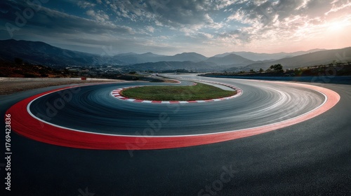 A winding race track curves around a green island under a dramatic sky
