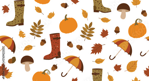 Delightful autumn seamless pattern featuring colorful fall leaves, pumpkins, rain boots, umbrellas, mushrooms, and acorns on white.
