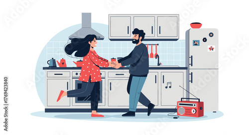 A happy couple enjoys a playful dance together in their cozy kitchen, sharing a moment of joy and music.