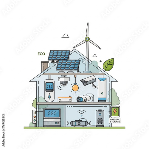 Illustration of a smart eco-friendly house with solar panels, wind turbine, battery storage, and security cameras.