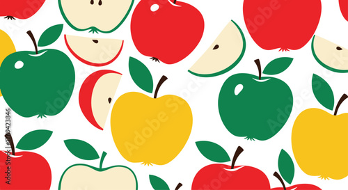 Vibrant and fresh seamless pattern featuring a variety of red, green, and yellow apples and slices on a crisp white background.